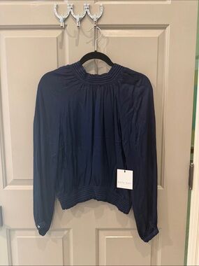 Bella Dahl Navy Smocked-Neck Long-Sleeve Blouse